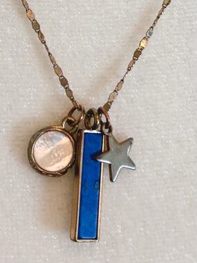 Antique gold Blue Bar, Mother-of-Pearl and Star Charm Necklace